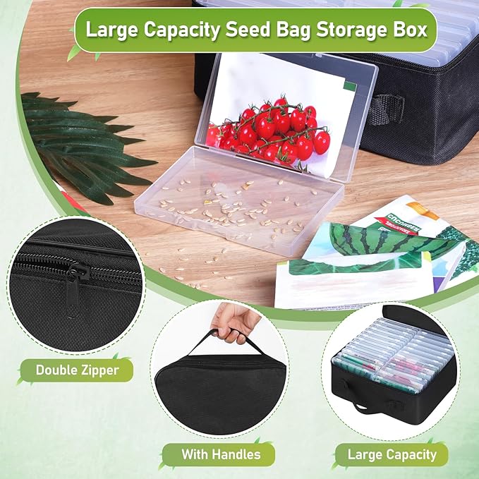 FACULX 24 Slots Seed Storage Organizer Box with Dual Zipper Bag, 100 Pcs Seed Sealed Bag and 80 Pcs Label Stickers,Seed Storage Container for Garden Vegetable Flower Plants Seeds Saving