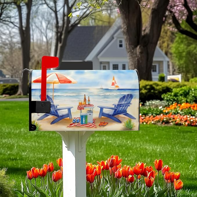 Summer Mailbox Covers Magnetic Beach Mailbox Cover Ocean View Mail Box Covers Sun Umbrella Post Letter Box Wraps Standard Size 21x18 inch Blue Chair Decorations for Outside Garden Yard