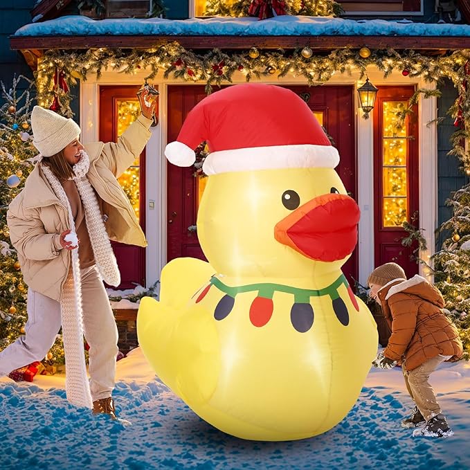 Leyndo 1 Set 5FT Christmas Inflatables Decoration Outdoor Inflatables Duck with Build-in LEDs Lights Giant Blow up Duck Wear Classic Christmas Hat for Mall Garden Patio Lawn Indoor Party