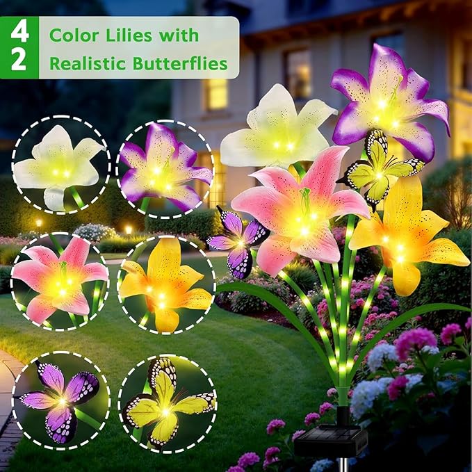6 Pack Solar Garden Lights LED Solar Lilies Flower Lights, Yard Patio Pathway Decoration High Flexibility Copper Wire Handmade Silk Artificial Flowers Never Wither, Gift for Family Friends