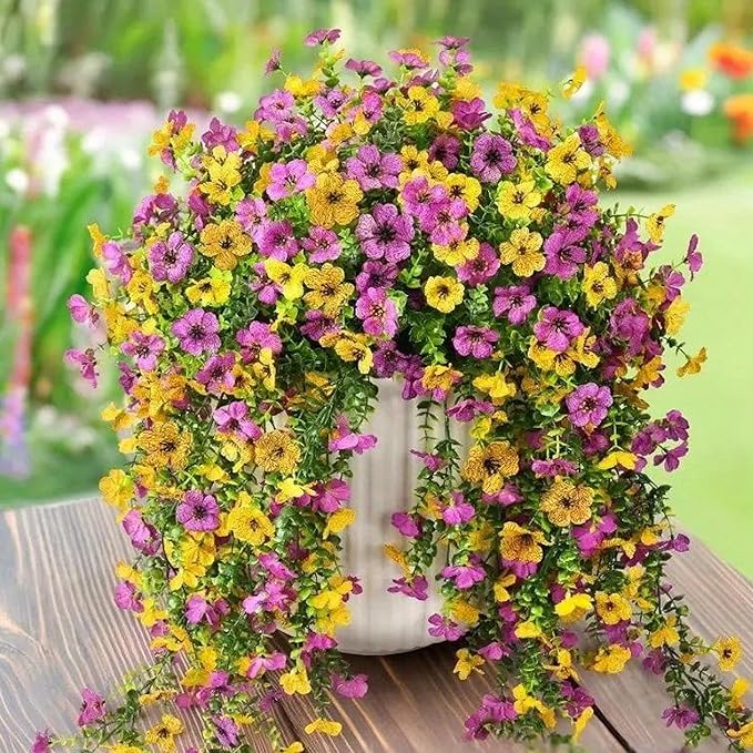 Artificial Faux Hanging Flowers Plants for Outdoor Decor 2 PCS Outside Fake Mums Violets with Eucalyptus UV Resistant Realistic Daisy Trailing Vines for Yard Balcony Porch Decor (Yellow Purple)