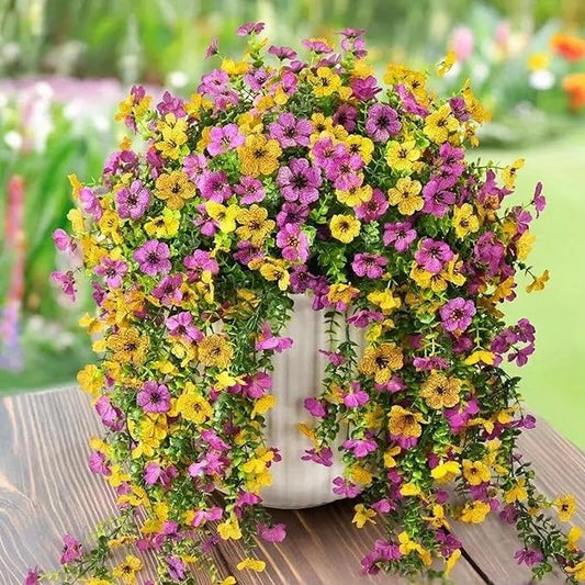 Artificial Faux Hanging Flowers Plants for Outdoor Decor 2 PCS Outside Fake Mums Violets with Eucalyptus UV Resistant Realistic Daisy Trailing Vines for Yard Balcony Porch Decor (Yellow Purple)