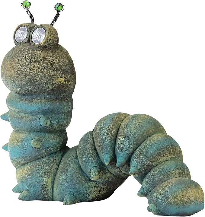 Alpine Corporation FCC121SLR Outdoor Solar Powered Garden Caterpillar Statue with LED Lights, 16" H, Green