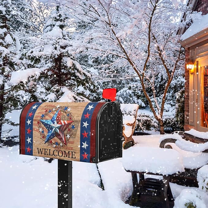 4th of July Mailbox Cover Patriotic Mailbox Covers Magnetic Welcome Post Letter Box Cover Star Mail Box Wrap Home Decor Outdoor Yard Decoration for Garden Standard Size 21x18 inch