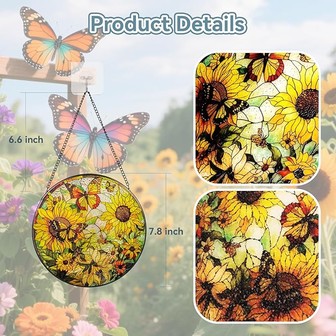Suncatcher Stained Glass Window Hanging - Sunflower Glass Panel with Metal Chain and Hooks Handmade Sun Catcher Decoration for Window Garden Home Christmas & Birthday Gifts (8 Inch)