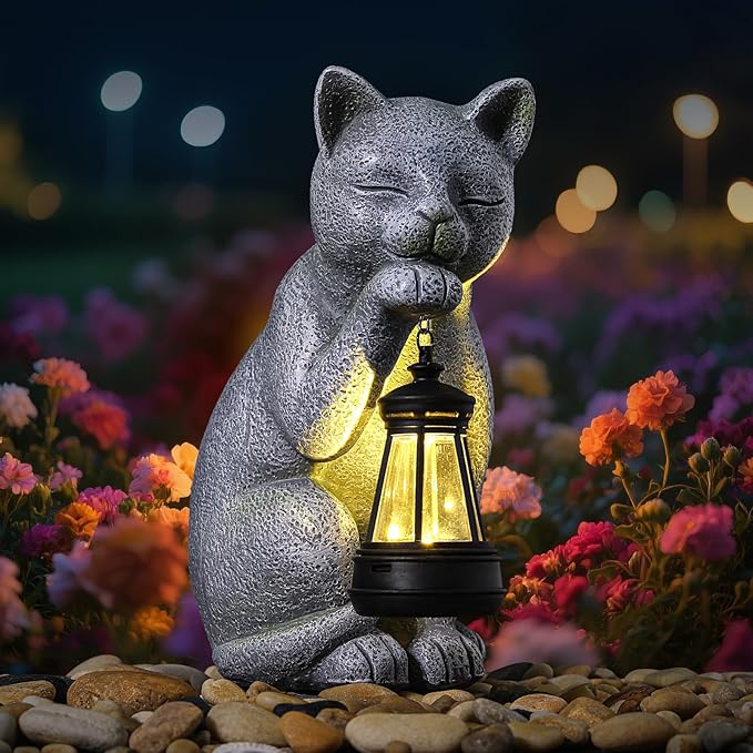 Solar Happy Cat Outdoor Statue Garden Decor,Birthday Gifts for Grandma Mom Women, Ornament for Balcony, Garden, Patio, Yard, Lawn Porch Patio Balcony Home House,(LED Lantern Cat)