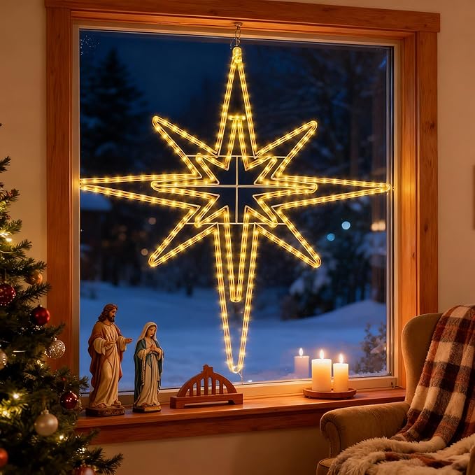 Outdoor Christmas Star of Bethlehem Large LED Star Window Plug Operated Lighted for Xmas Wall Window Indoor Outside Home Street Store Holiday Decorations(43'',Warm Light)