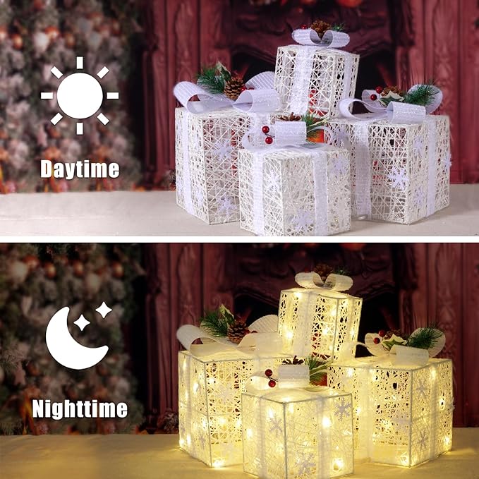 Christmas Lighted Gift Boxes, Pre-lit Present Boxes Set of 3 with Different Sizes, Battery Operated Snowflake Light up Decorations for Holiday Indoor Outdoor (4 Pack)
