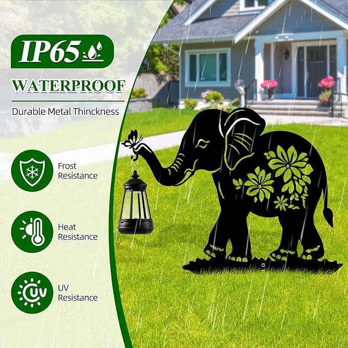 Elephant Solar Garden Stakes, Elephant Silhouette Decorative with Solar Lantern, Metal Garden Decor for Yard,Lawn,Pathway
