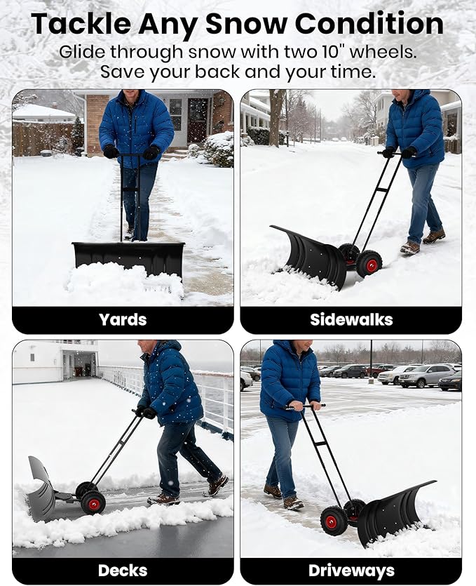 Snow Pusher with Wheels for Driveway, 36" Wide Heavy Duty Steel Blade, 7-Position Angle Adjustment & 60° Tilt Handle, Ergonomic Push Snow Shovel with Ground Protection for Effortless Snow Removal