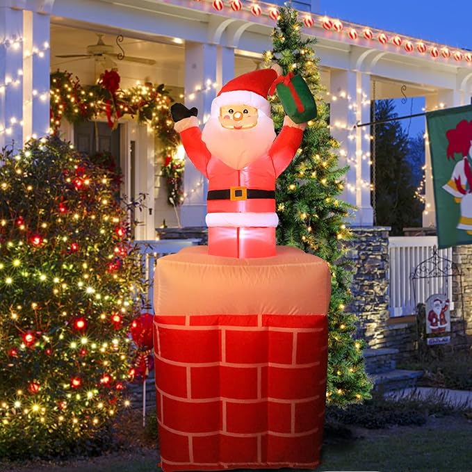VCUTEKA Christmas Inflatables Outdoor Decorations, Inflatable Christmas Santa Claus in Chimney Blow Up Yard Decorations with LED Lights for Holiday and Garden Lawn Winter Decor