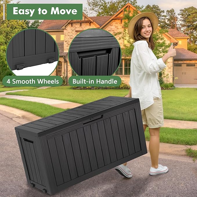NUNU LAB 75 Gallon Outdoor Storage Box,Large Resin Sturdy Deck Box, Backyard Outside Storage Box Waterproof with Double Wall Panels,Package Delivery Garden Hose Storage Bin Outdoor Tool