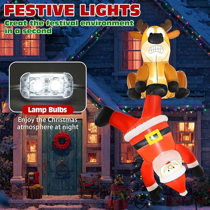 Christmas Inflatable Roof Outdoor Decorations, 8FT Inflatables Reindeer & Climbing Santa, LED Lights Blow up Holiday Hanging Decor for Window Indoor Rooftop Outside Balcony Garden Restaurant Café