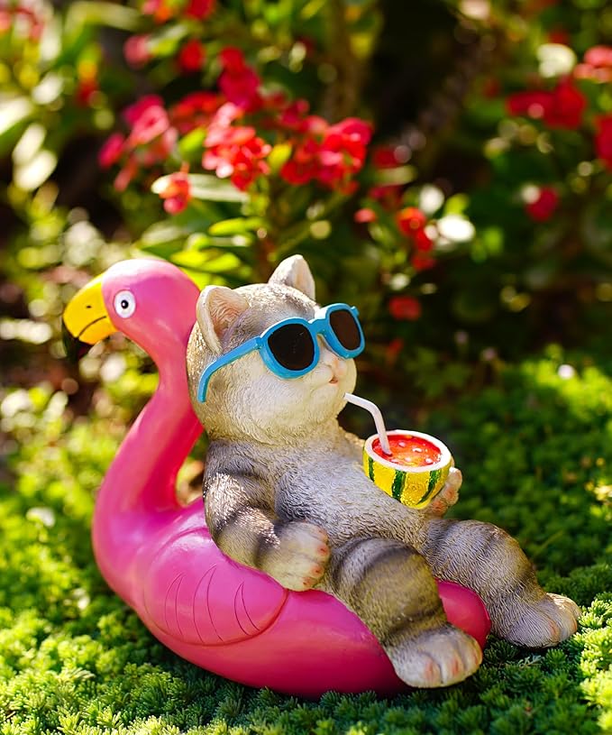 Nacome Cat Lying Flamingo for Garden Statue: Solar Outdoor Decor Figurine for Clearance Outside Lawn Ornaments Porch Patio Balcony – Gifts for Grandma Mom