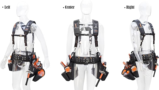 WELKINLAND 39Pockets Tool Belts for Men with Suspenders, 4" Padded Toolbelt, Tool Belt with Suspenders, Black W/Orange, One Size (38"-48")