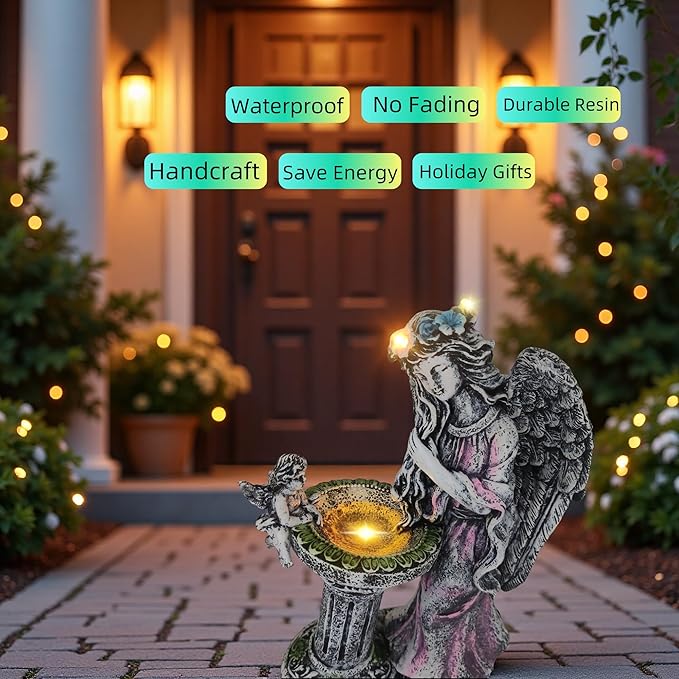 Solar Outdoor Figurine Lights Gnome Garden Decor Statue with LED Lantern, Glowing Fairy Yard Decorations for Outside Patio Yard Front Porch, Housewarming Home Decor Gifts Thanksgiving (Pink Angel)