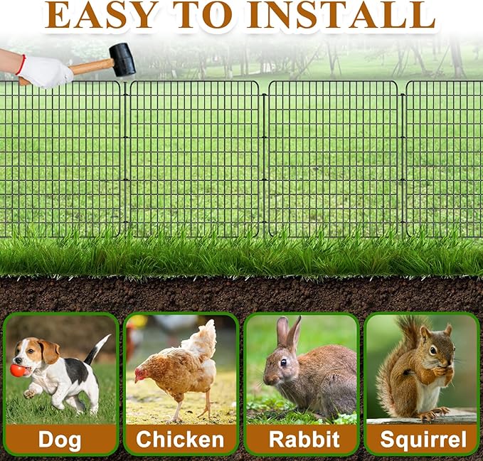 10 Panels Dog Fence Outdoor for Yard, 36 in(H) X 25 ft(L) Decorative Garden Fence Rustproof No Dig Animal Barrier Fencing Metal Wire Panel Border Patio Rabbits Ground Stakes