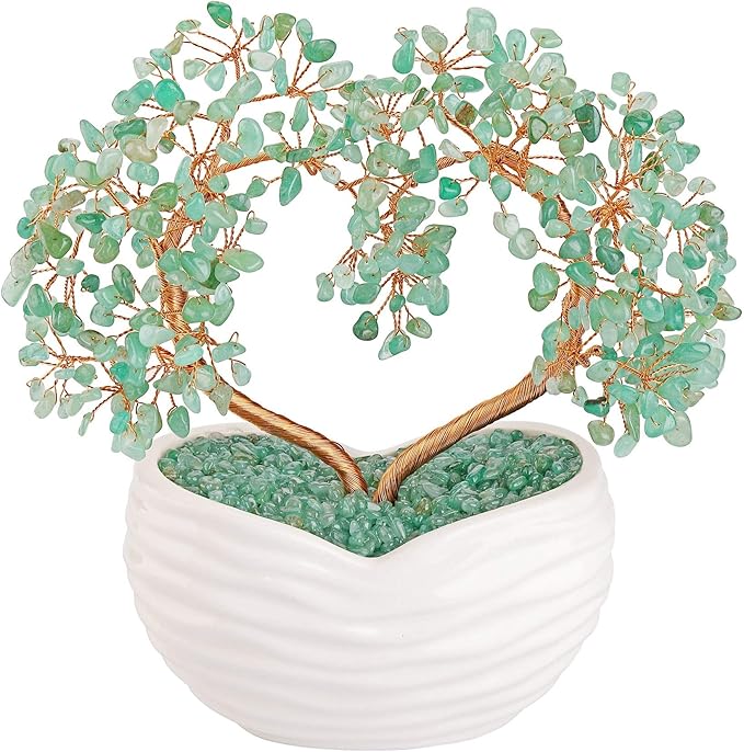 Jovivi Green Aventurine Gemstone Heart Money Tree Feng Shui Bonsai for Reiki Healing Chakra Stone Balancing Energy Generator Spiritual Meditation Home Interior Office Decor 7.87"-8.26"