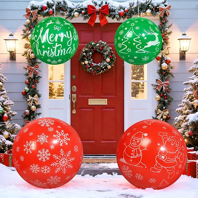 4 PCS 32 Inch, 24 Inch Christmas Inflatable Balloons PVC Large Christmas Inflatable Outdoor Balls for Xmas Garden Lawn Yard Holiday Front Door Decoration