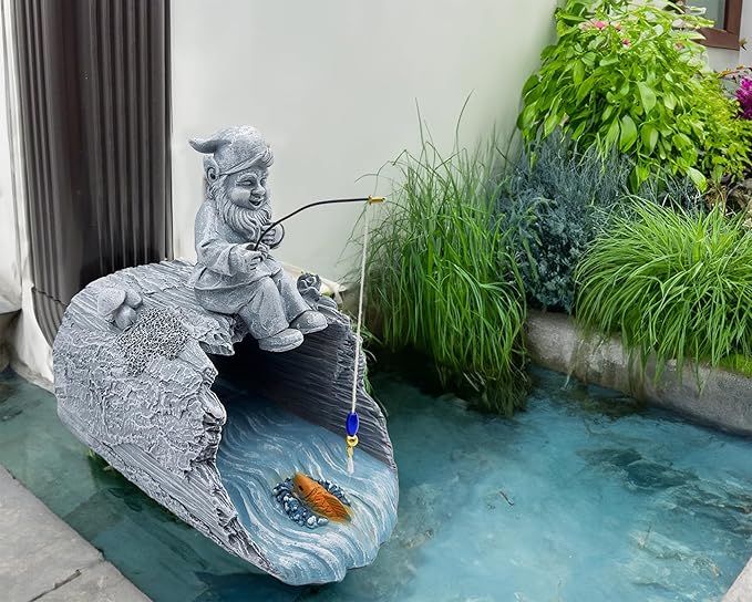 Gnome Fishing 3"x4" Decorative Gutter Extension, Outdoor Decor Sculpture - Garden Statue & Gutter Downspout Splash Block, Whimsical Gutter Diverter Rain, for Garden Collectors