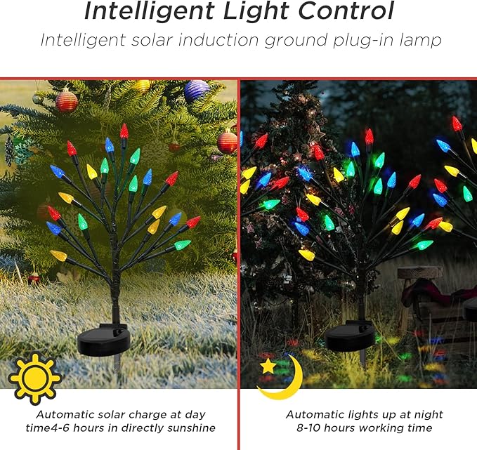 Christmas Outside Decorations Solar Pathway Lights-2PACK 40LED Multicolor C6 Strawberry Lights Xmas Decor,Outdoor Solar Christmas Lights for Garden Yard Path Party Decor