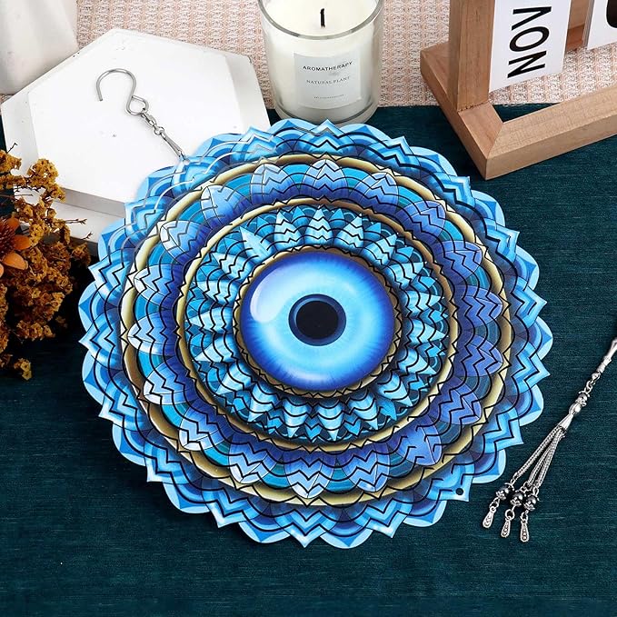 Blue Evil Eye Hanging Wind Spinners Outdoor Metal Evil Eye Decor Mandala 3D Stainless Steel Wind Spinner Protective Amulet for Home Outdoor Garden Yard Decoration (Layered)