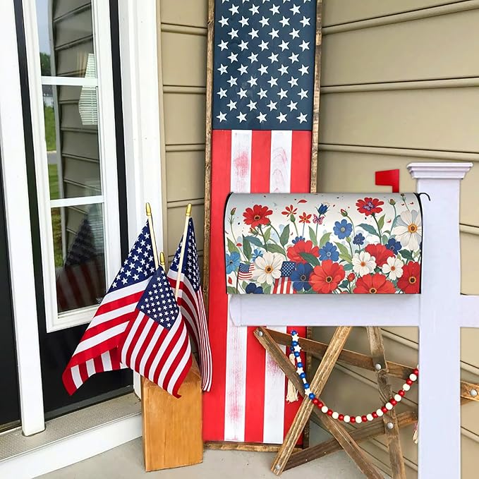 Patriotic Butterfly Floral July 4th Mailbox Cover, USA Independence Day Magnetic Mailbox Cover, Red Blue Standard Size Mail Wraps, 21" X 18" Post Letter Box for Outdoor Decoration