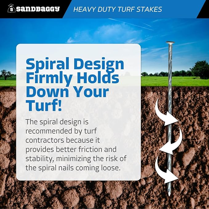 Sandbaggy 12" Heavy Duty Galvanized Artificial Turf Stakes - Spiral Landscape Nails - Ground Spikes/Pins, Synthetic Grass, Lawn, Edging, Weed Barrier Fabric (12 inch - Ultra Heavy Duty, 50, Count)