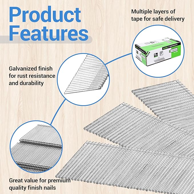 meite 15 Gauge Angled Finish Nails, 2-Inch 34 Degree DA Series Galvanized Finishing Nails for Nailer Guns - Perfect for Window Trim, Cabinet Building and Other DIY Projects (2,000 Counts)
