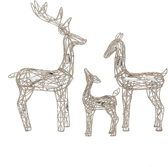 LuxenHome 3PCs Reindeer Christmas Decoration, Gold Reindeer Family with Glitter, 260 LED Lights, Indoor & Outdoor Lighted Christmas Decorations for Lawn, Front Porch, Xmas Holiday Yard Display