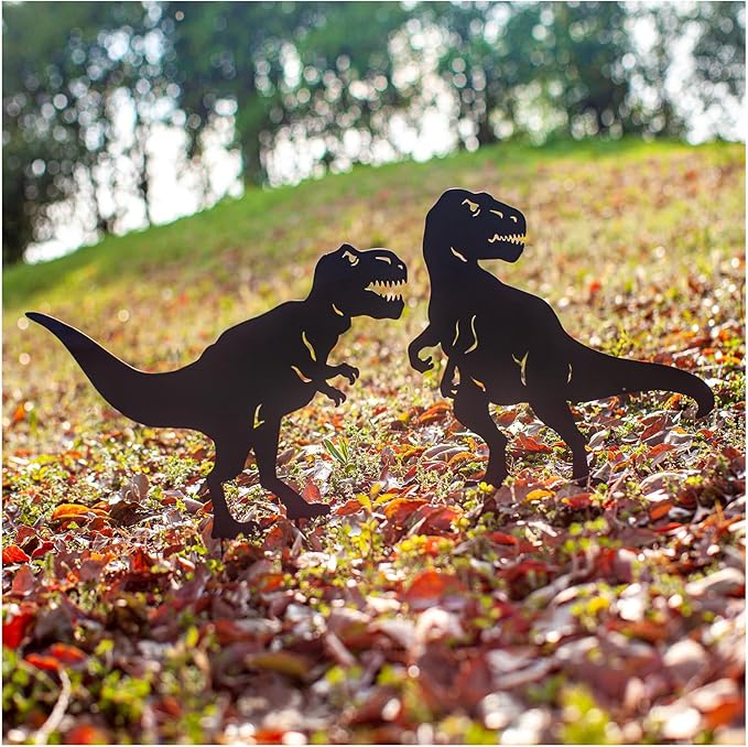 Dinosaur Metal Garden Stakes - Gifts for Women/Men/Lovers, Black Silhouette Statues, Outdoor Decor for Yard, Lawn Ornaments