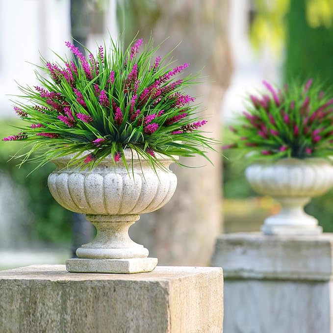 Sggvecsy 12 Bundles Artificial Plants Outdoor Faux Lavender Flowers Fake Monkey Grass UV Resistant Plastic Greenery Plants for Garden Home Porch Window Patio Hanging Planter Indoor Decor (Magenta)