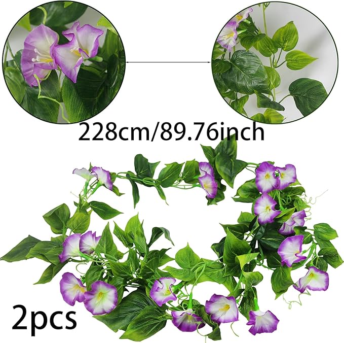 CISDUEO 2 Pcs Artificial Vines Silk Morning Glory Vines for Outdoor 15Feet Hanging Plants Garland Purple Fake Green Plant Morning Glories for Home Decor Wall Fence Stairway Wedding Hanging Baskets
