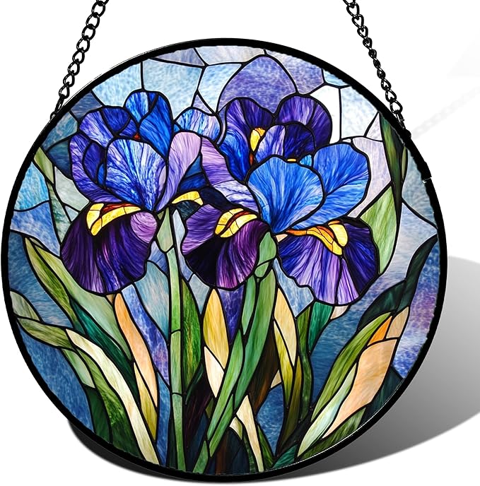 Stained Glass Window Hanging - Blue Purple Iris Flower Suncatcher for Door Garden Patio Sun Catchers Decor Christmas Mother's Day Birthday Gifts for Women Men Mom Nana Aunt Friend 6.3 in