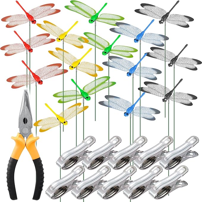 NiHome 15PCS Decorative Dragonflies with 10 Clips Decor for Garden, 9.8" Long Multicolor Waterproof Outdoor & Indoor Use, Versatile Clip-On Plant Decoration, Includes Pliers for Easy Attachment