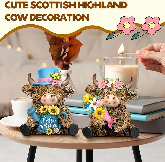 2 Pack Spring Highland Cow Resin Figurine Spring Bathroom Highland Cow Gnomes with Flower Starfish Resin Statue for Garden Table Shelf Home Decor Calf Gnome Herd Gifts