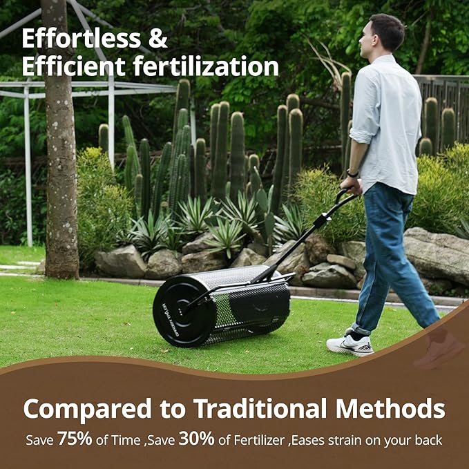 Compost Spreader 30 Inch Peat Moss Spreader with Installation Support Accessories, Metal Mesh Roller Lawn Spreader for Top Soil, Manure, Mulch, Top Dressing - Garden spreaders for lawns