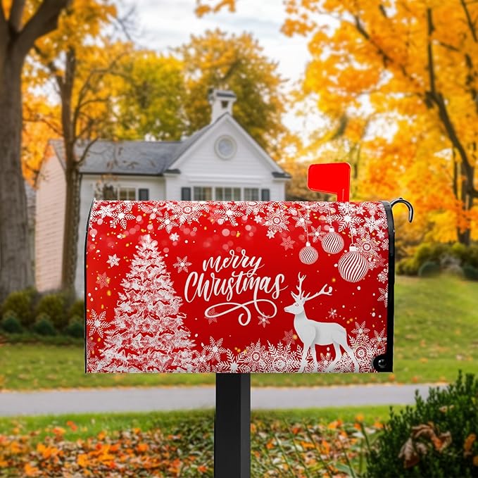 Merry Christmas Mail Box Covers Magnetic Standard Size 21x18 inch Winter Deer Snowflake Mailbox Cover Xmas Tree Mail Box Wrap for Outside Garden Yard Red