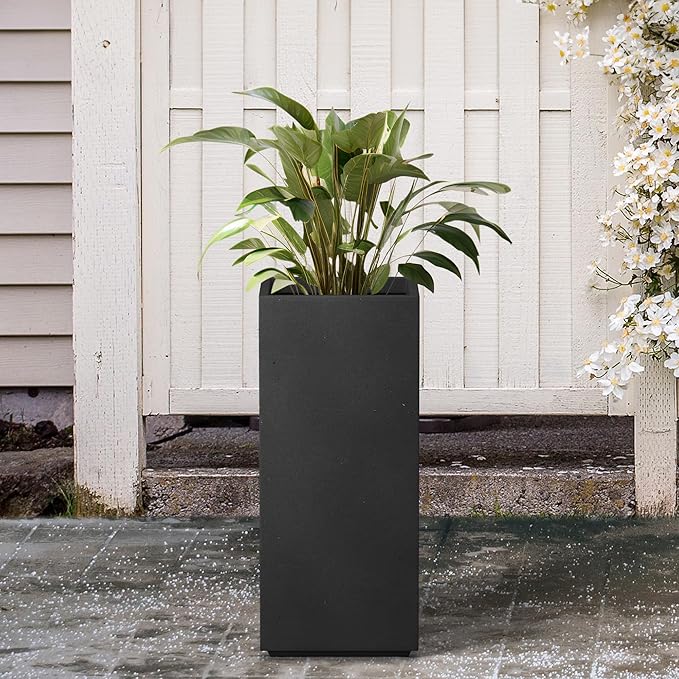 Kante 23.6" H Tall Rectangular Concrete Planter, Modern Square Diameter Plant Pot with Drainage Hole and Rubber Plug for Indoor Outdoor Home Patio Garden, Black