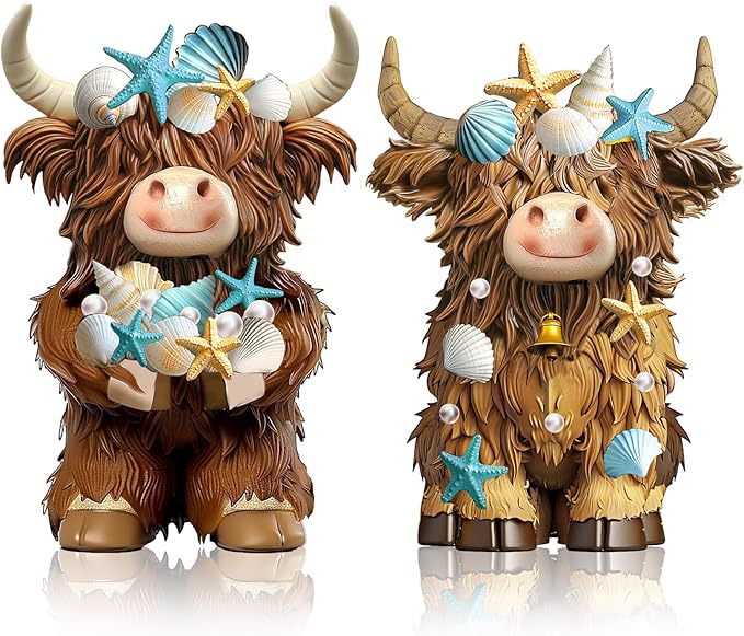 2 Pcs Coastal Christmas Highland Cow Decor Beach Ocean Themed Christmas Highland Cow Figurines Resin Starfish Seashellstatue Calf Lovers Gifts for Home Garden Kitchen Office Tiered Tray Table Decor