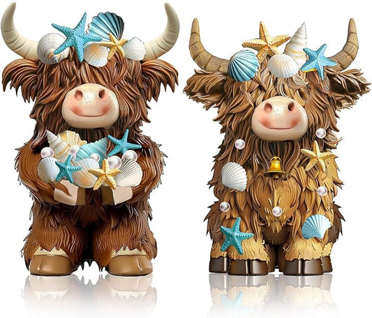 2 Pcs Coastal Christmas Highland Cow Decor Beach Ocean Themed Christmas Highland Cow Figurines Resin Starfish Seashellstatue Calf Lovers Gifts for Home Garden Kitchen Office Tiered Tray Table Decor
