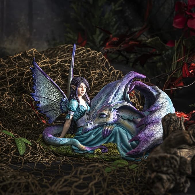 Pacific Giftware Cold Cast Resin Fairy and Lying Sleeping Dragon Figurine, Indoor and Outdoor Unique Decor for Living Room, Porch, & More, 8.7 Inches