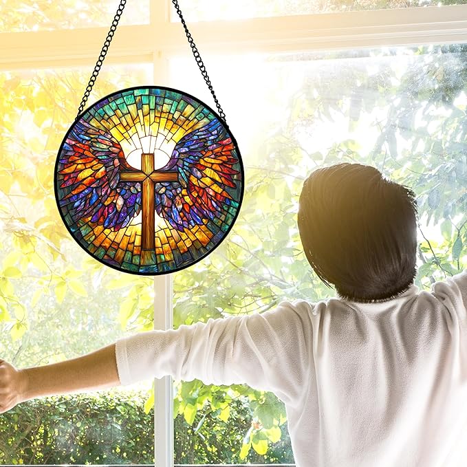 Stained Glass Window Hanging - Jesus Cross Wings Suncatcher Ready to Hang Window Doors Home Decoration and Christmas, Mother's Day Birthday Gifts for Women, Men, and Mom 9.8x9.8 in