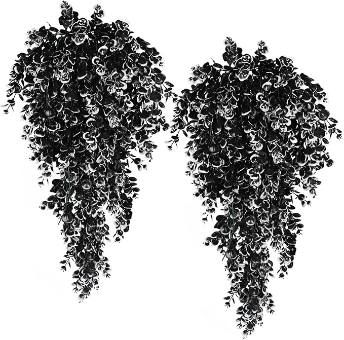 RECUTMS 4 Pcs Artificial Flowers Eucalyptus Leaves Plants Faux for Indoor OutsideWall Garden (Black White)