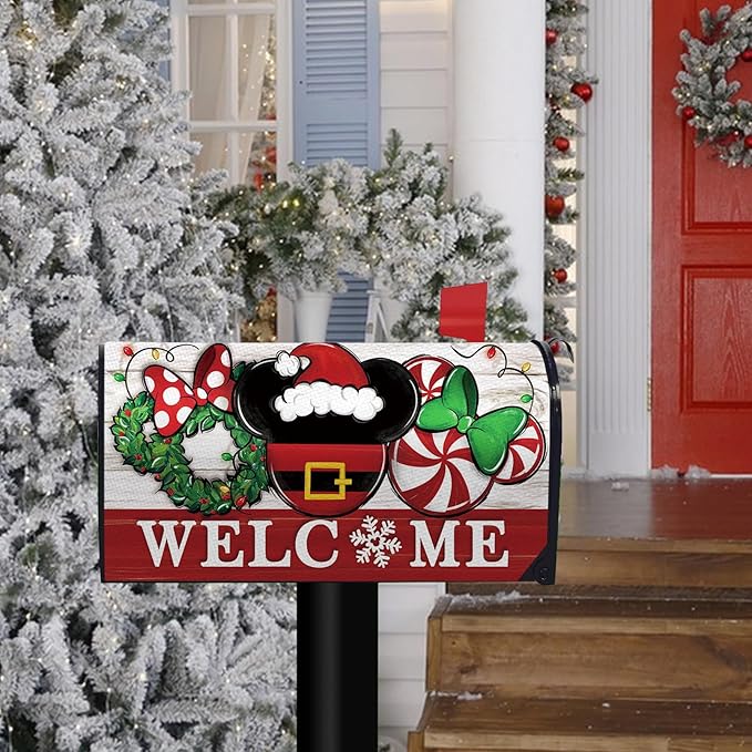 Welcome Christmas Santa Mailbox Cover Magnetic Standard Size 20.5" x 18", Xmas Peppermint Candy Wreath Decorative Post Letter Box Decor, Farmhouse Holiday Garden Yard Outdoor Decoration