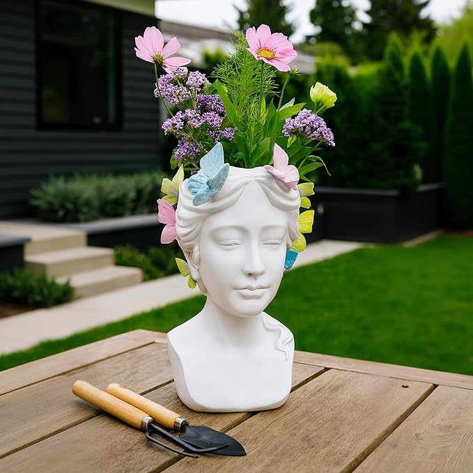 Planter and Flower Pot for Home Decor – Whimsical Plant Pot for Indoor or Outdoor Use with Butterfly and Face Sculpture – Modern Indoor Plant Stand Ideal for Garden and Patio Accent – 11" White