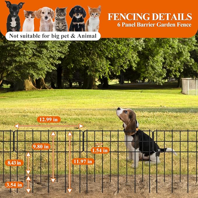 Decorative Fence Panel, 12.99"*11.97" No Dig Fences Barrier, Small Garden Fence Animal Barrier, Garden Border Edging Fences, Square 6 Pcs Black Metal Fencing, Dog Fencing Blocker for Yard, Flower Bed