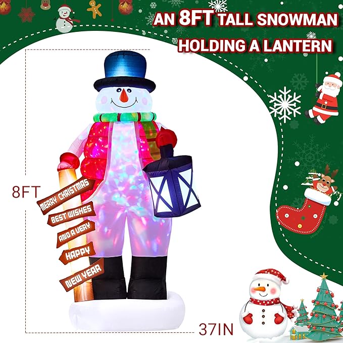 8FT Christmas Inflatable Giant Snowman Outdoor Decorations, Blow Up Snow Man Yard Decor with LED Lights, Magic Hat, Weatherproof Holiday for Gifts Yard Lawn Garden Xmas Party