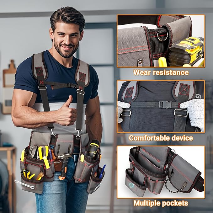 Tool Belt With Suspenders, Professional Tool Belt for Men, Magnetic Tool Belts With Suspenders, 18 Pockets Heavy Duty Detachable Adjustable Tool Belts for Electrician, Carpenter (Grey, 32''-66'')