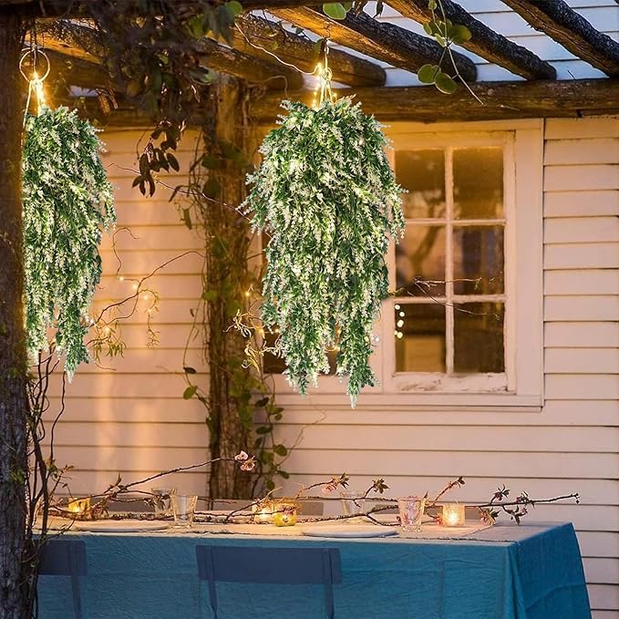 RECUTMS Artificial Ferns Hanging Baskets Lights Outside Lavender Real Plant in Basket Synthetic Plants 4pcs (White)